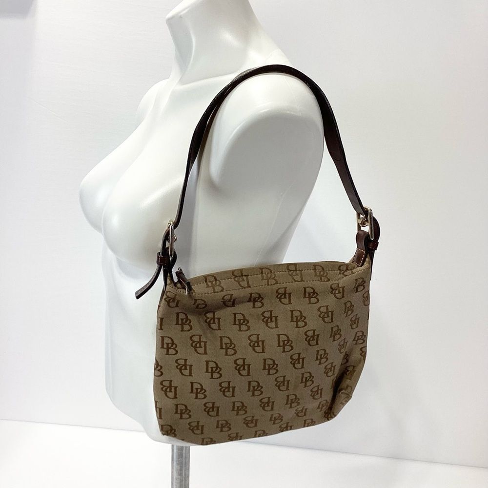 Dooney & BourkeโHobo Bag Brown Canvas Allover Monogram Logo Print Leather Trim